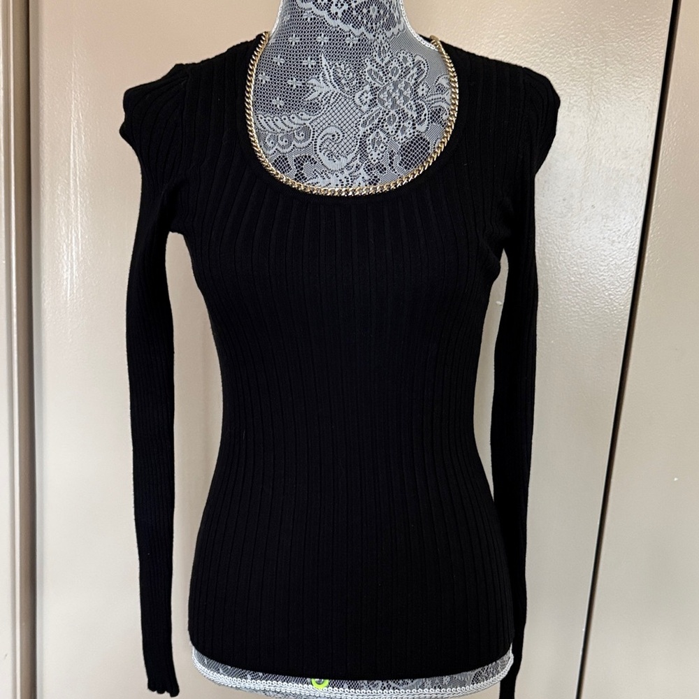 INC International Concepts Black Ribbed Long-Sleeve Sweater with Gold Trim